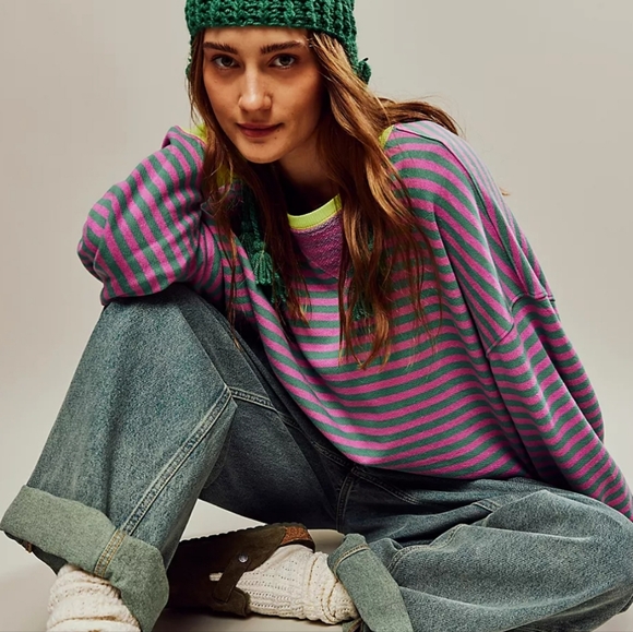 We The Free by Free People Striped Crewneck Oversized Sweatshirt in Pink… - Picture 4 of 5